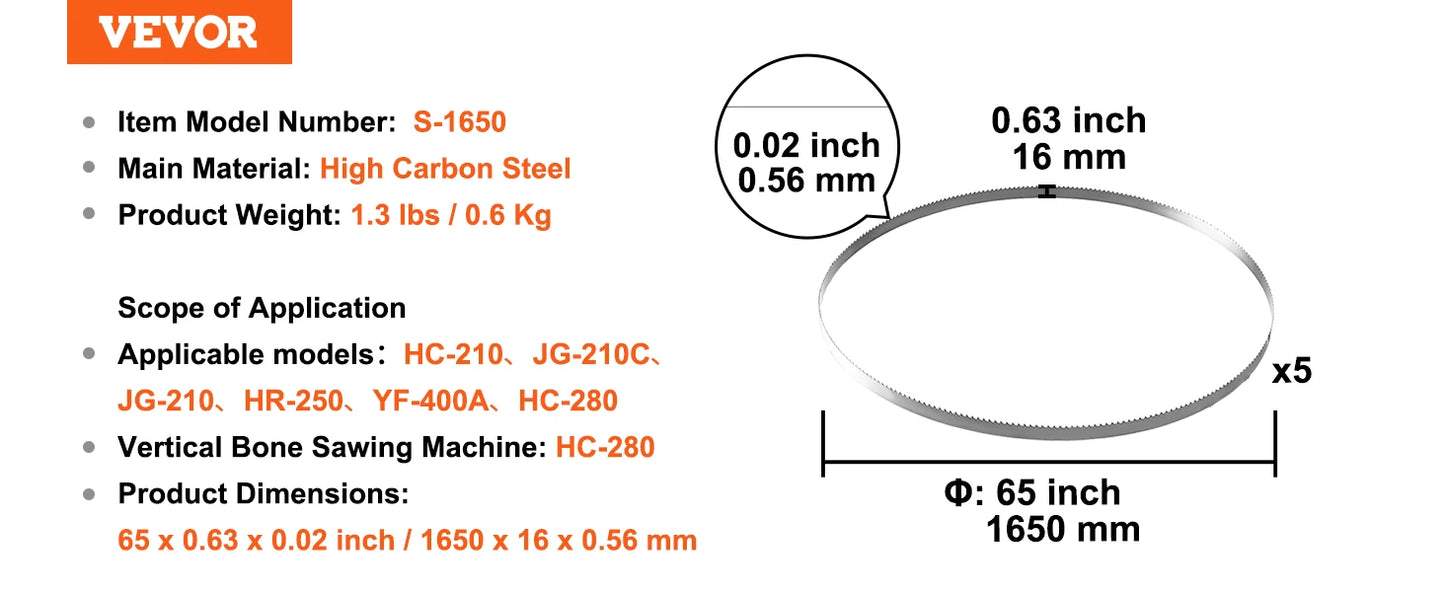SucceBuy Band Saw Blade 65x0.63x0.02 inch 5 Pack