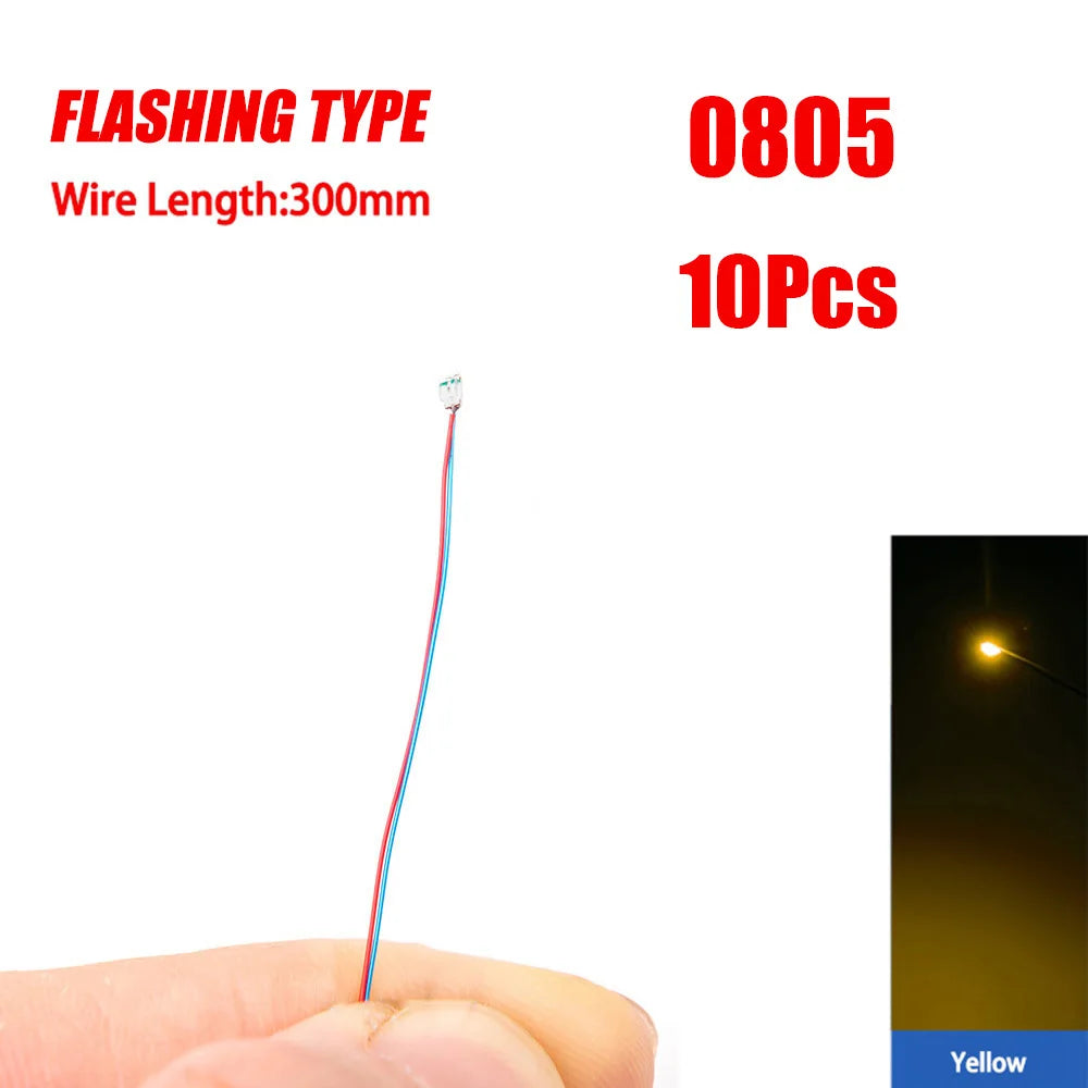 10pcs 0805 FLASHING LED SMD Lamp Wired Micro Litz Led Pre-soldered Chip Wired 30cm 3V Railway Model Toy Light DIY Leads Wires - MyLootWare