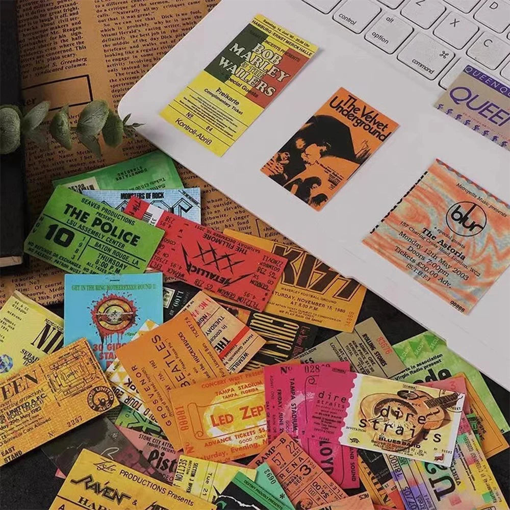 10/20/43pcs Rock Music Ticket Graffiti Stickers Retro Band Decal Sticker for Kids Toys Cool Waterproof DIY Guitar Motorcycle Car - MyLootWare