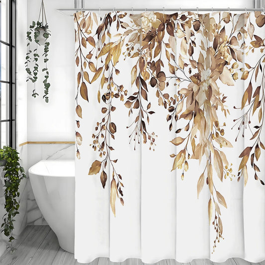 Brown Eucalyptus Leaf Shower Curtain, Watercolor Tan Botanical Floral Bathroom Decorative Shower Curtain, Waterproof Shower Cur - MyLootWare