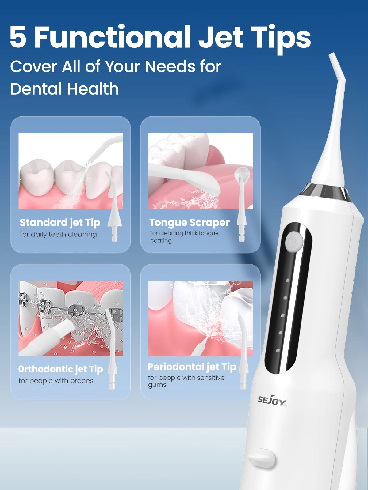 جهاز تنظيف الأسنان بالماء Sejoy، جهاز محمول لتنظيف الأسنان بمنفذ USB، مقاوم للماء وقابل لإعادة الشحن