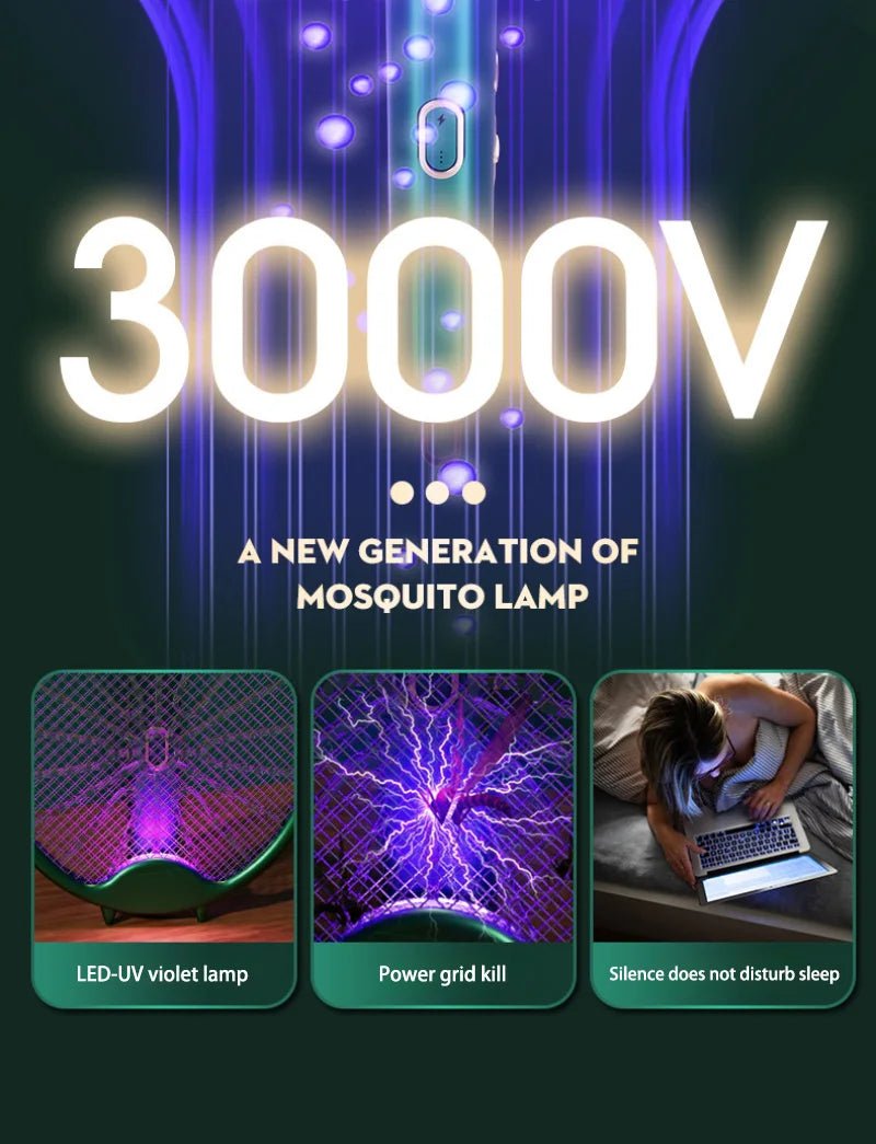 New Electric Mosquito Racket Hand - Hled 3000V Mosquito Killer Lamp Rechargeable Foldable Mosquito Swatter Fly Repellent Lamp Home - MyLootWare