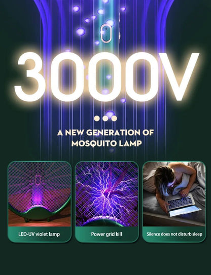 New Electric Mosquito Racket Hand - Hled 3000V Mosquito Killer Lamp Rechargeable Foldable Mosquito Swatter Fly Repellent Lamp Home - MyLootWare