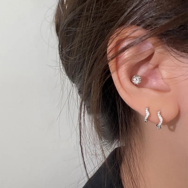2PCS Stainless Steel Minimal Wave Hoop Earrings Crystal Zirconia Small Huggie Thin Cartilage Earring Piercing Jewelry 2023 New - MyLootWare