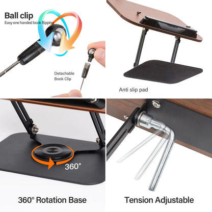 Acrylic Book Stand for Reading, Adjustable Book Holder with 360° Rotating Base & Elastic Page Clips Foldable Desktop Riser Stand - MyLootWare