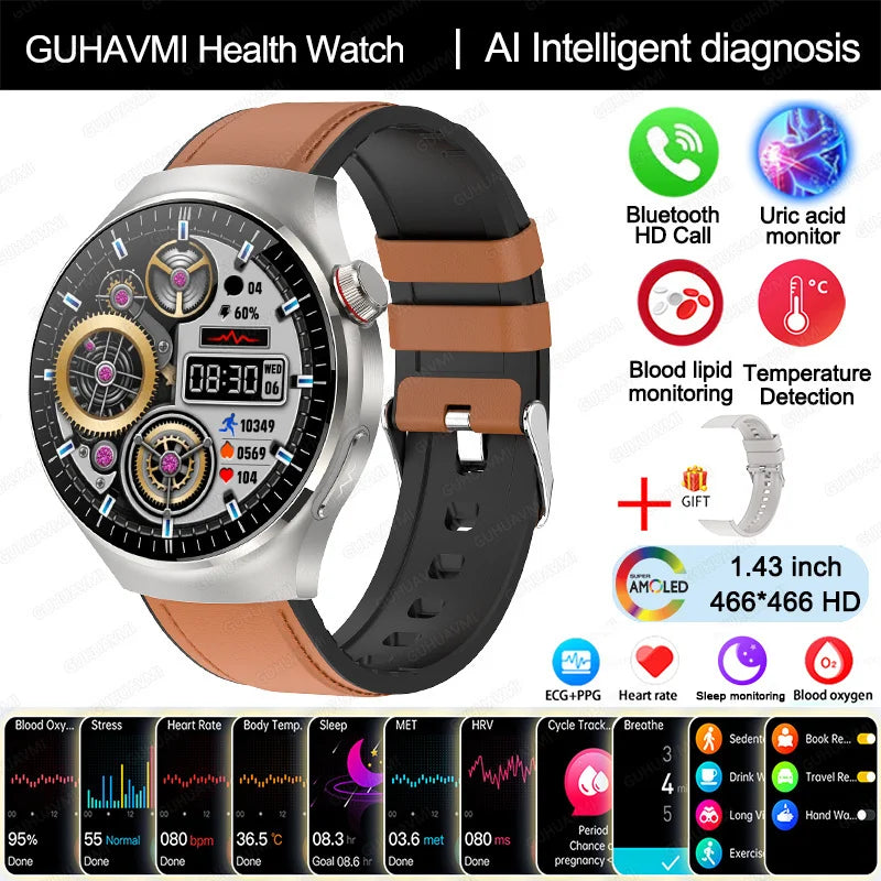 2025 New Nursing Grade Smart Watch Blood oxygen Blood Lipid Uric Acid ECG+PPG Body Temperature Bluetooth Call Health Smartwatch - MyLootWare