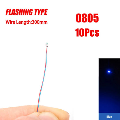 10pcs 0805 FLASHING LED SMD Lamp Wired Micro Litz Led Pre-soldered Chip Wired 30cm 3V Railway Model Toy Light DIY Leads Wires - MyLootWare