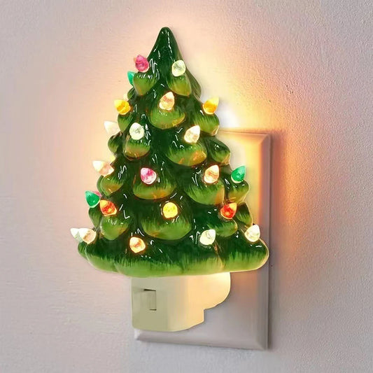 Christmas Tree LED Night Light Ceramic Decorations Vintage Green Xmas Tree Wall Plug In Night Lamp Hand Painted Nightlight - MyLootWare
