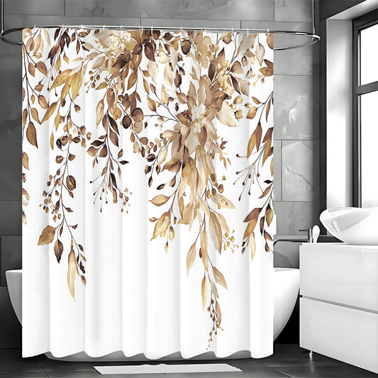 Brown Eucalyptus Leaf Shower Curtain, Watercolor Tan Botanical Floral Bathroom Decorative Shower Curtain, Waterproof Shower Cur - MyLootWare