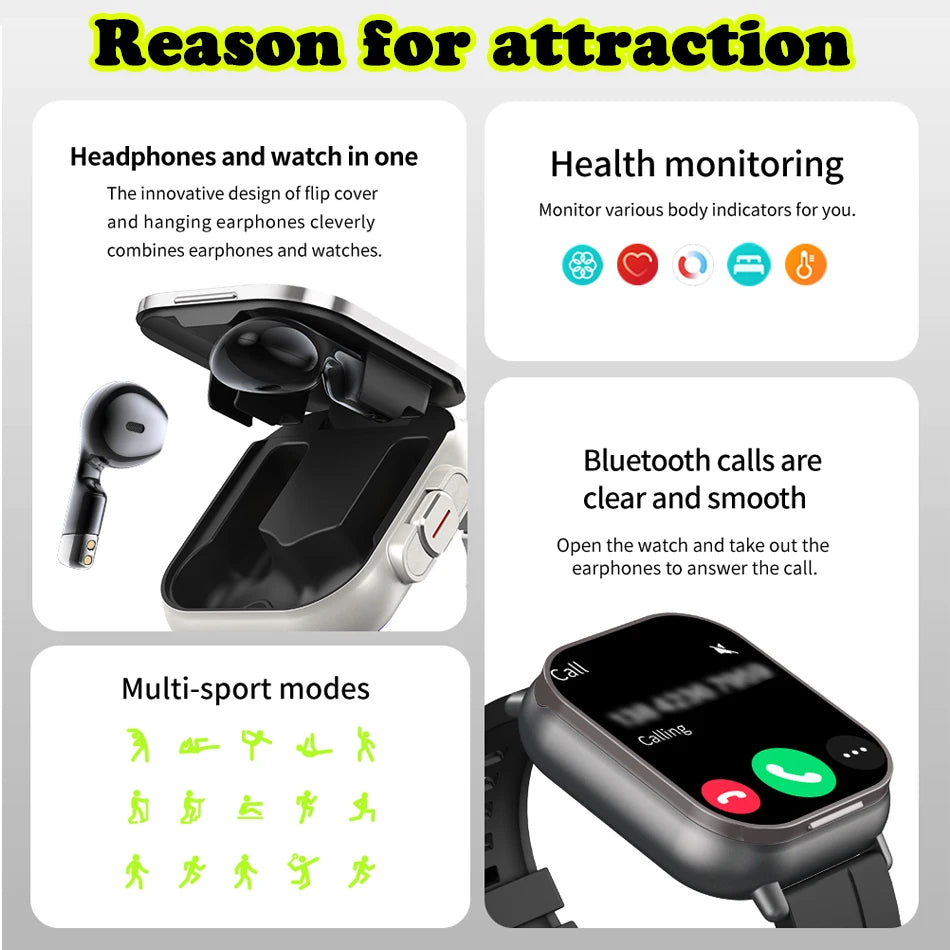 2024 Smart Watch 2 in 1 With Earphone Smartwatch Bluetooth Call Men Watch GPS Track Heart Rate Monitor Play Music SmartWatch - MyLootWare