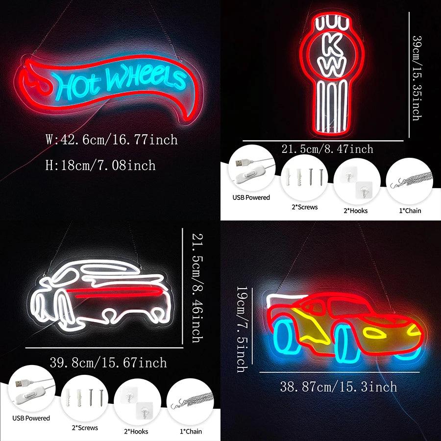 Car Neon Sign Automobile Race for Wall Decor LED KW Neon Lights Signs for Kids Bedroom Boys Room Playroom Garage Party Decor - MyLootWare