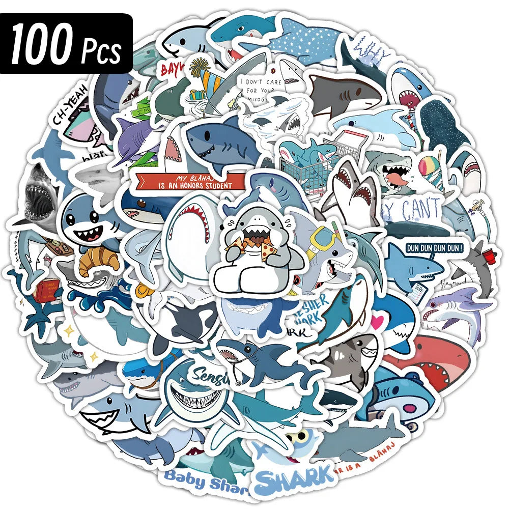 10/100p Sharks Ocean Fish Kawaii Stickers Toys Cute Cartoon Decals For Kids DIY Laptop Scrapbook Stationery Fridge Funny Sticker - MyLootWare