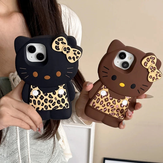 3D Cartoon Hello Kittty Phone Case for iPhone 16 Plus 15 14 13 Pro 12 Sexy Leopard Print Bowknot Cases Soft Silicone Cover