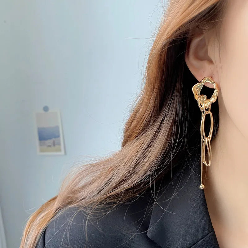 XIALUOKE Metal Irregular Long Tassel Earrings For