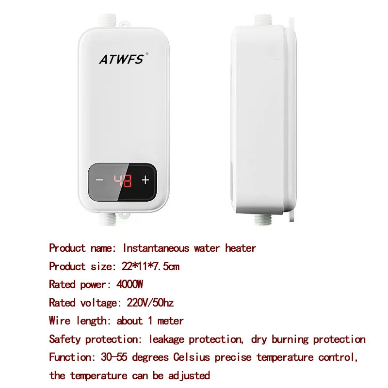 ATWFS 220V Electric Water Heater Hot Water for Bathroom Thermostati Tankless Instant Home Shower Heating Kitchen - MyLootWare