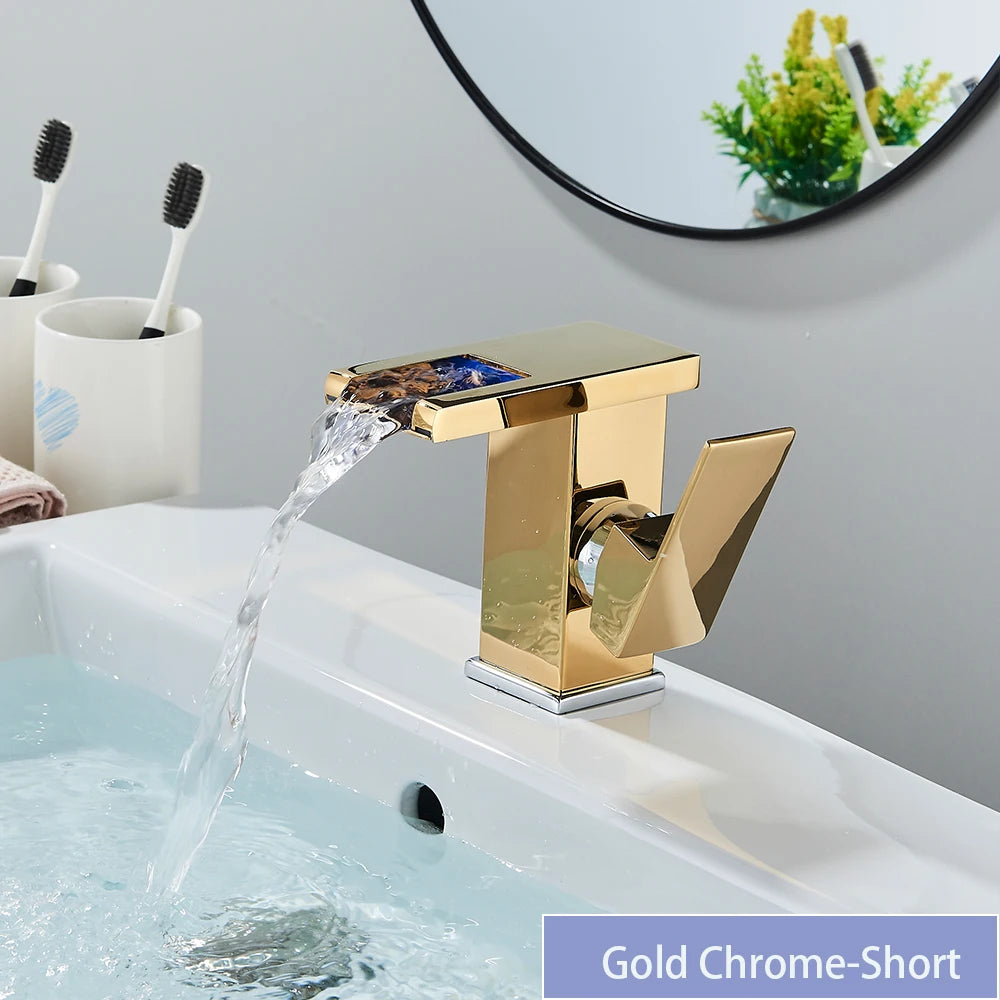 LED Bathroom Sink Faucet Brass Waterfall Faucet