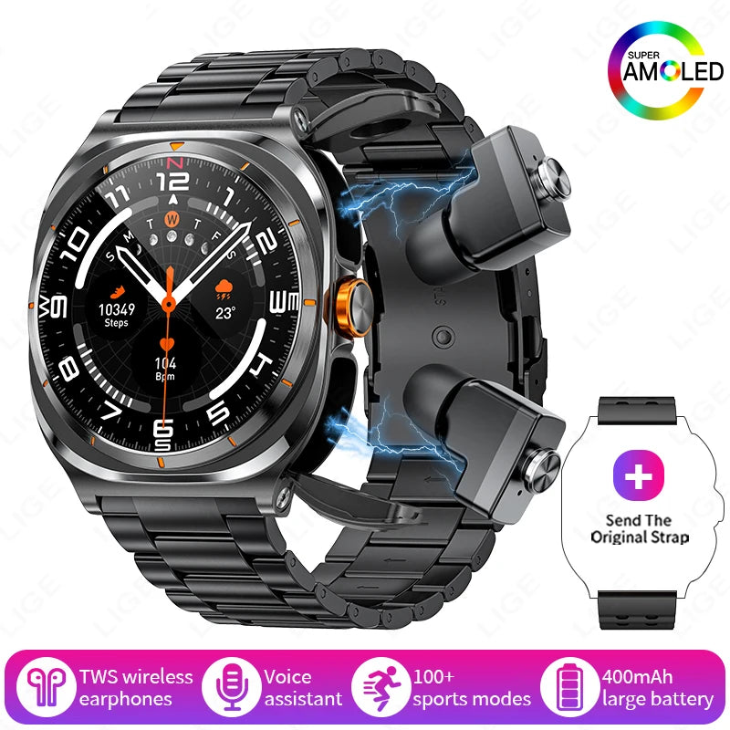 2025 New Smart Watch With 2 in 1 TWS Wireless Headset Bluetooth Call 1.53" AMOLED Screen 400mAh IP67 Waterproof Sport Smartwatch - MyLootWare