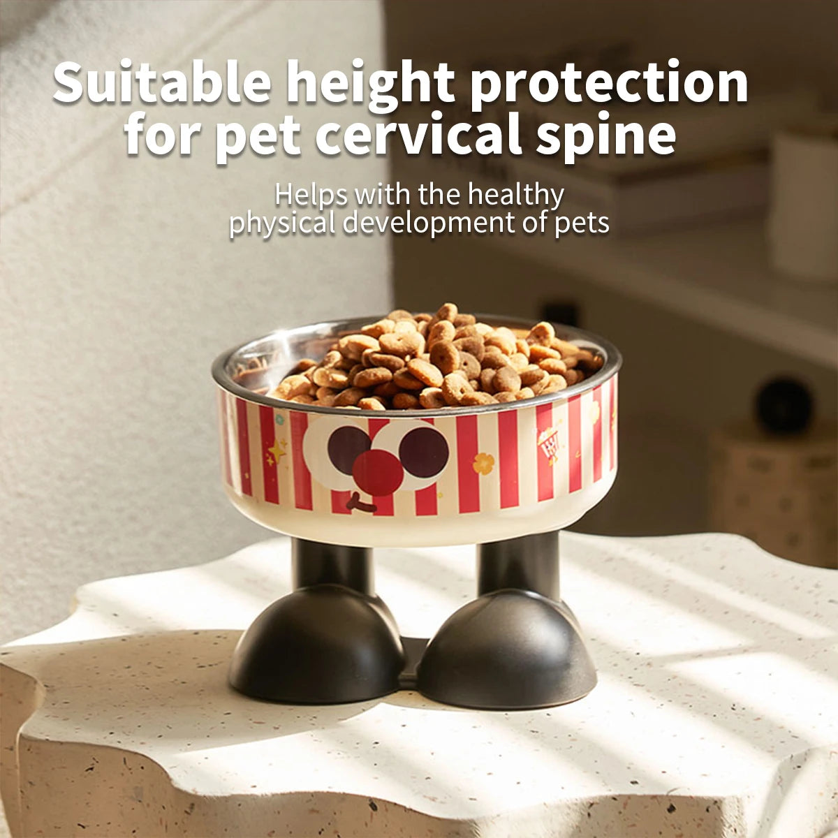 A striped popcorn high-foot pet bowl, stylish stainless steel large-capacity dog bowl for feeding and water, neck-protecting c - MyLootWare