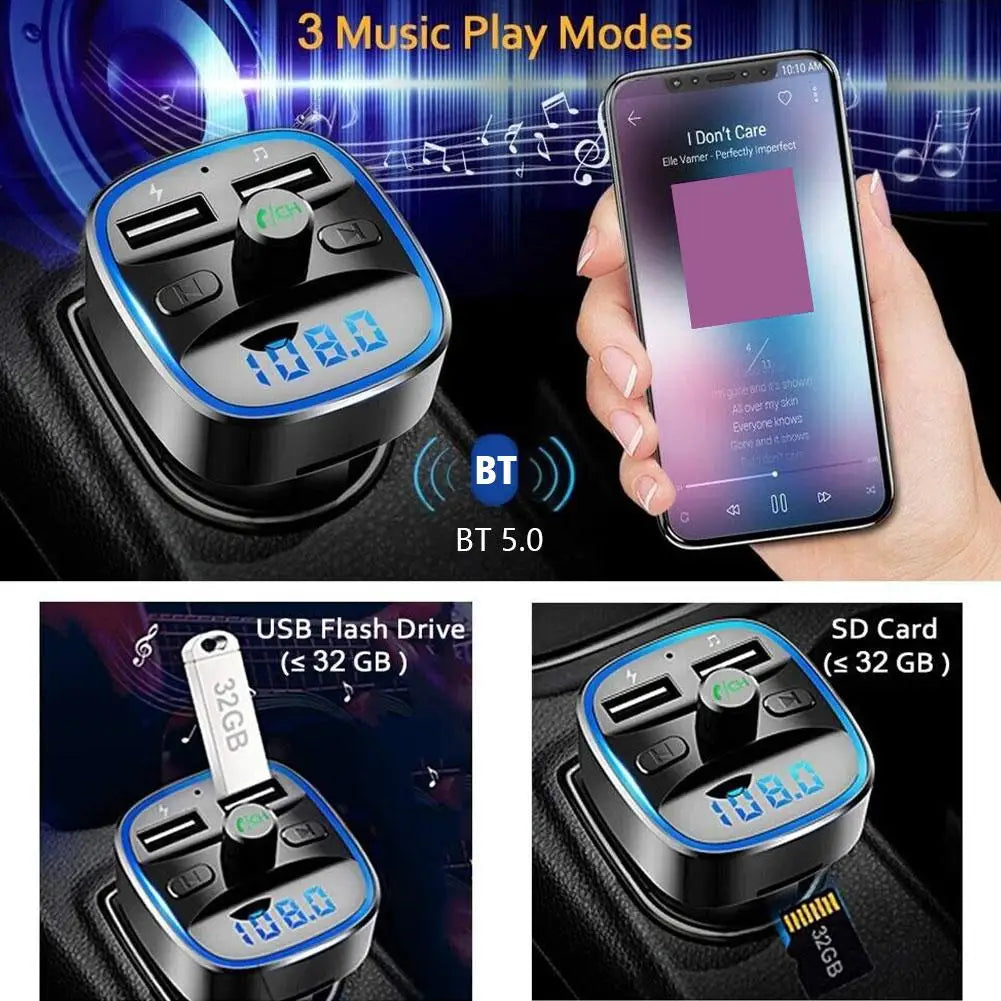 Car Adapter Bluetooth 5.0 Dual USB Port Charging Hands-free Calling Blue LED Light Fast Charging FM Transmitter Car Accessories - MyLootWare