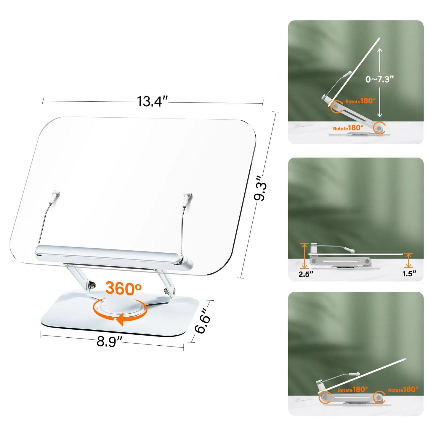 Acrylic Book Stand for Reading, Adjustable Book Holder with 360° Rotating Base & Elastic Page Clips Foldable Desktop Riser Stand - MyLootWare