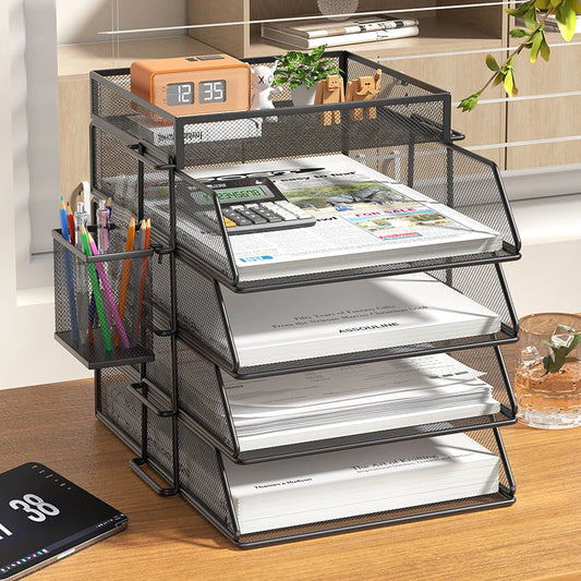 4-Tier Desk Organizer Stackable Tray Office Desk Organizer File and Desktop Holder for Paper Letter Accessories Black - MyLootWare