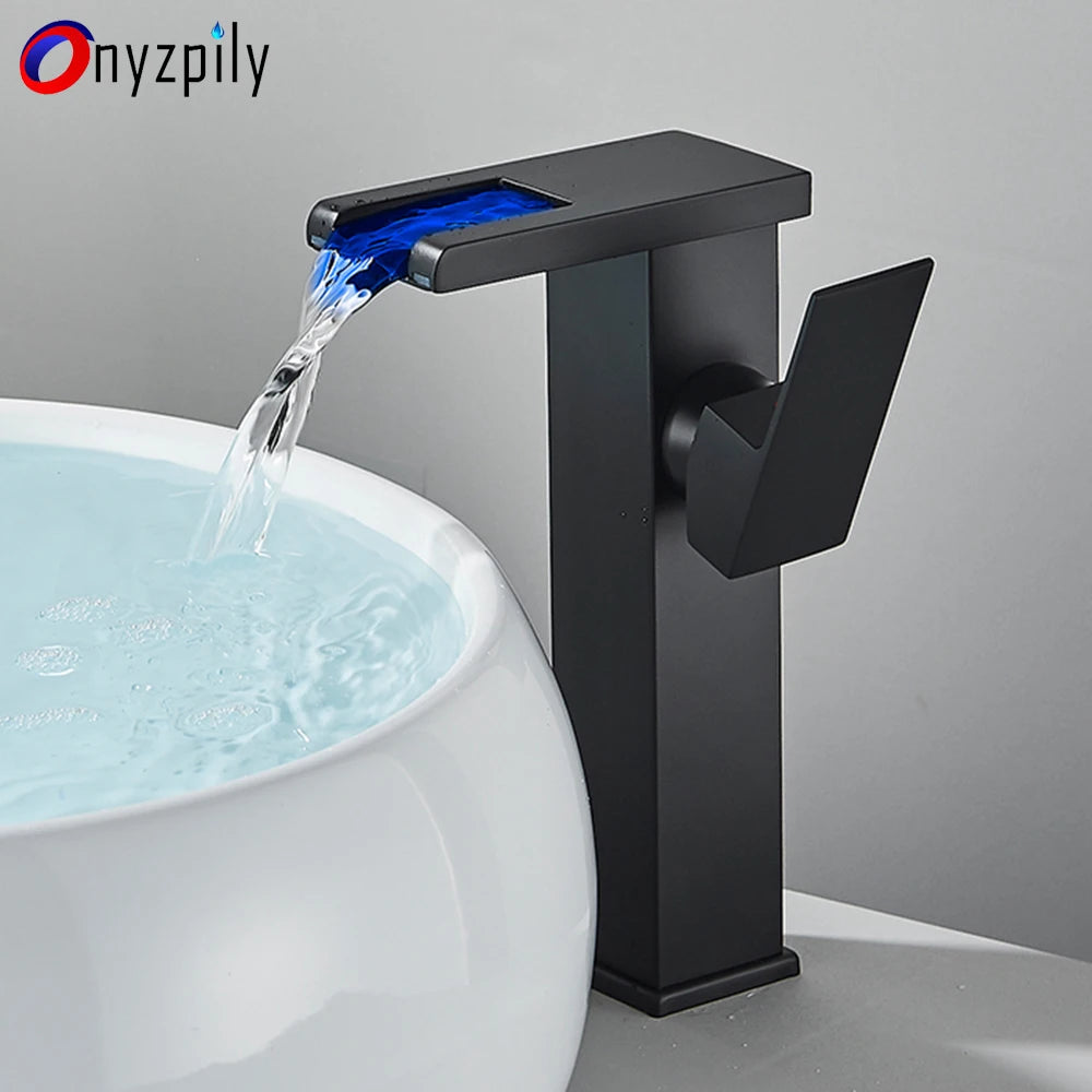 LED Bathroom Sink Faucet Brass Waterfall Faucet