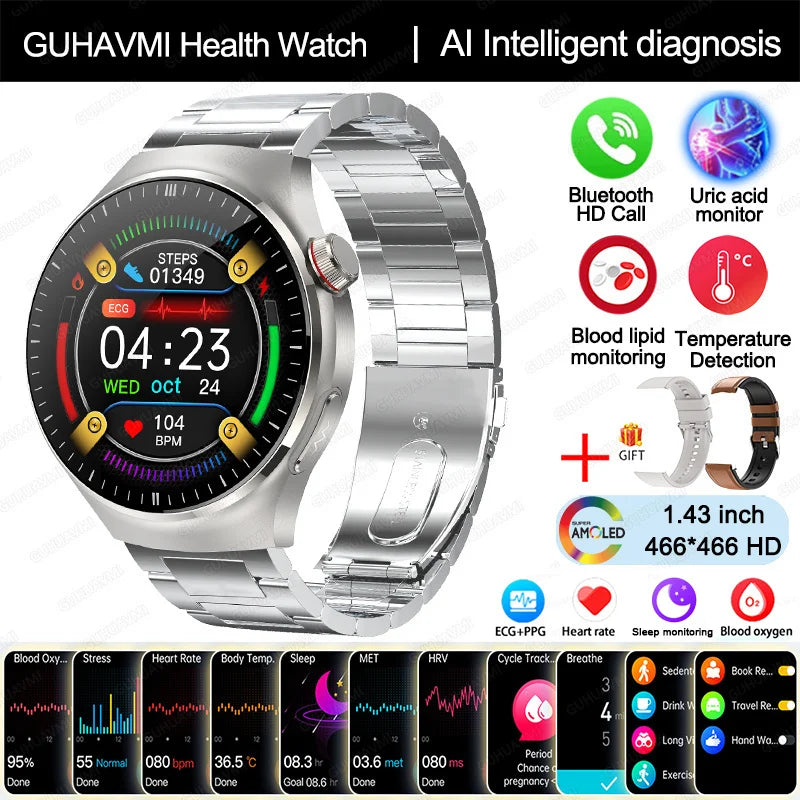 2025 New Nursing Grade Smart Watch Blood oxygen Blood Lipid Uric Acid ECG+PPG Body Temperature Bluetooth Call Health Smartwatch - MyLootWare