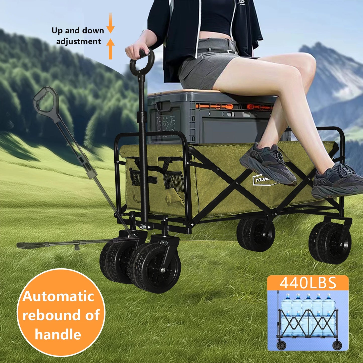 Green Camping Cart Outdoor Practical Convenient Spacious Stable Lightweight Foldable Compact in Size Suitable for Family Gatheri