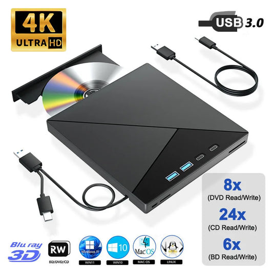 External 4K Blu ray Optical Drive Portable CD DVD